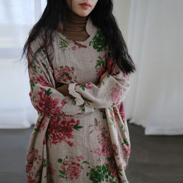燕燕~棉麻商品~棉麻 印花加厚寬鬆大碼長袍. 洋裝 連身裙. ab2235501 