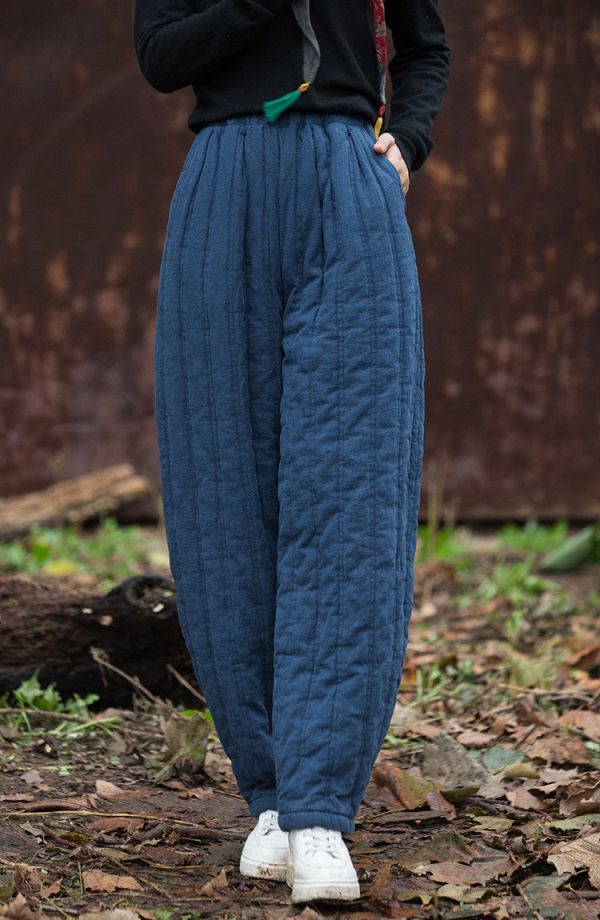 燕燕~苧麻夾棉絎縫炒色保暖長褲 時尚百搭休閒修身棉褲 