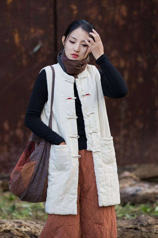 燕燕~冬季新款 苧麻豎格絎縫炒色夾棉保暖背心 