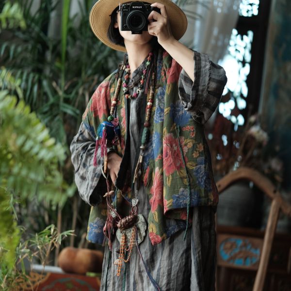 燕燕~棉麻商品~雙層棉紗     寬鬆夾棉繫帶花背心棉麻杉  ab200401 