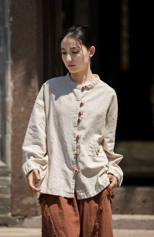 燕燕~秋冬新品～苧麻拼色盤扣對襟開衫上衣外套 