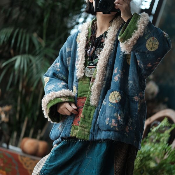 燕燕～復古文藝羊羔絨拼接印花寬鬆棉衣外套 ab226601 