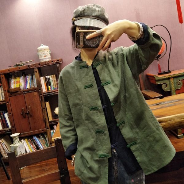 燕燕~棉麻商品~手工縫針對襟 上衣 襯衫 薄外套 