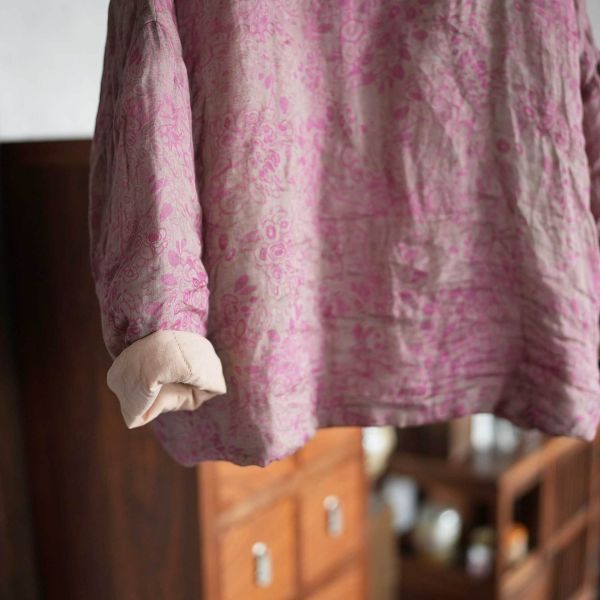 燕燕~秋冬新款 苧麻夾棉 數位印花高領棉衣 文藝休閒棉服上衣 