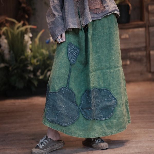 燕燕～春秋款 復古文藝高端水洗亞麻貼花長裙 