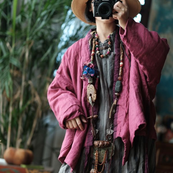 燕燕~秋冬新款 亞麻 手工重工炒色斜襟繫帶棉衣外套  ab181401 