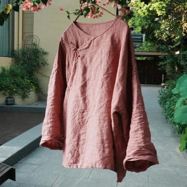 燕燕~斜襟盤扣寬鬆文藝新中式上衣色織亞麻茶服上衣 ab448701 