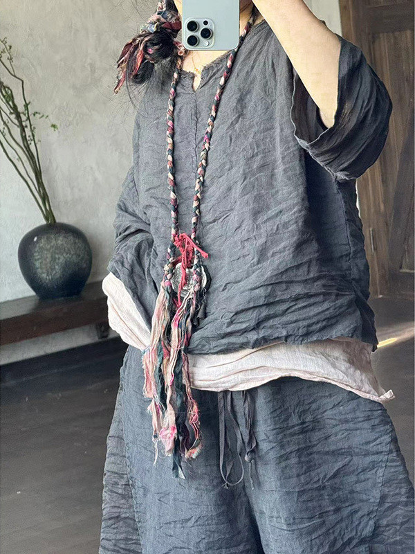 燕燕~亞麻~時尚舒適百搭寬鬆圓領女襯衫 上衣麻衫 上衣 