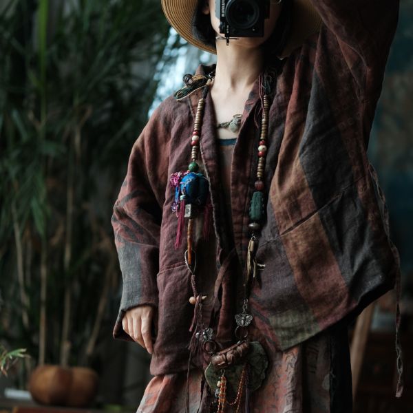 燕燕~棉麻商品~純亞麻 仿香雲紗印花繫帶復古棉衣棉外套   ab192801 