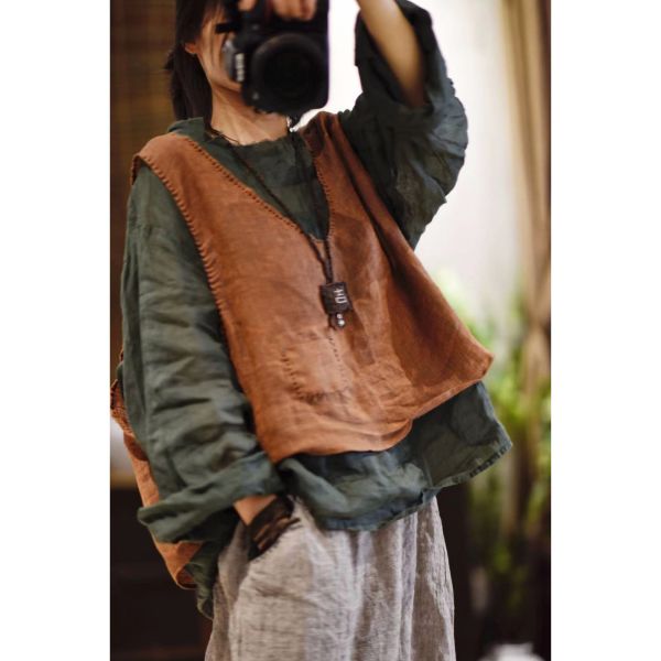 燕燕棉麻～藝術復古亞麻手縫線跡V領套頭寬鬆輕薄背心 