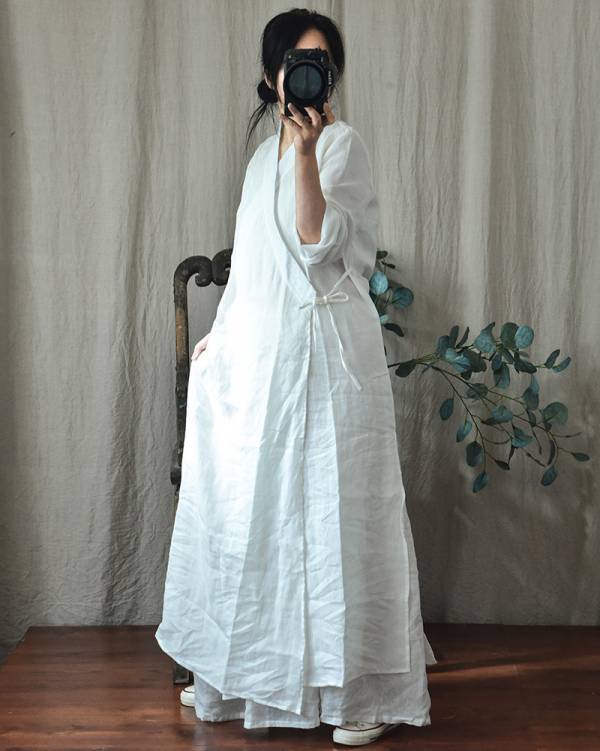 燕燕~棉麻商品~苧麻材質 交領繫帶漢服瑜伽服禪服長款外套 可當洋裝 連身裙 