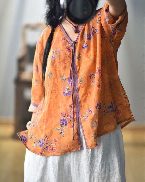 燕燕~春夏新品 復古國風印花長尾盤扣小衫 個性文藝小V領上衣 