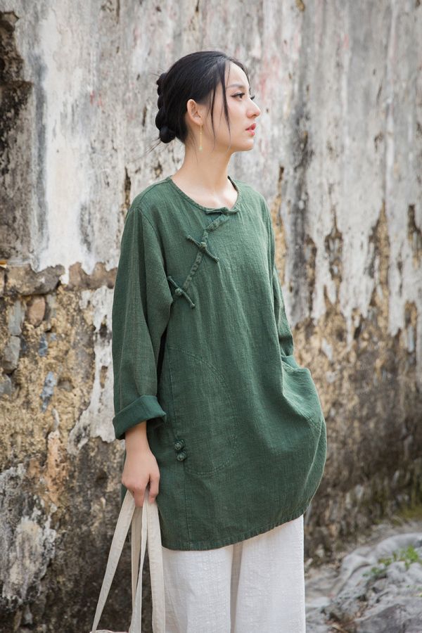 燕燕~夏季新款 莧麻炒色上衣改良大尺碼茶服個性文藝範女長T恤 