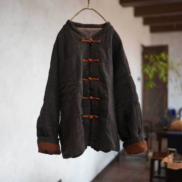 燕燕！手工盤扣 成衣水洗 高品質色織亞麻 加厚大版寬鬆盤扣棉襖外套 ab446101 