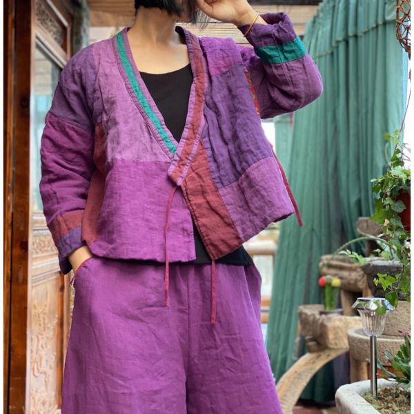燕燕~棉麻商品~純亞麻 砂洗拼布繫帶棉衣棉服上衣  外套。 ab174601 
