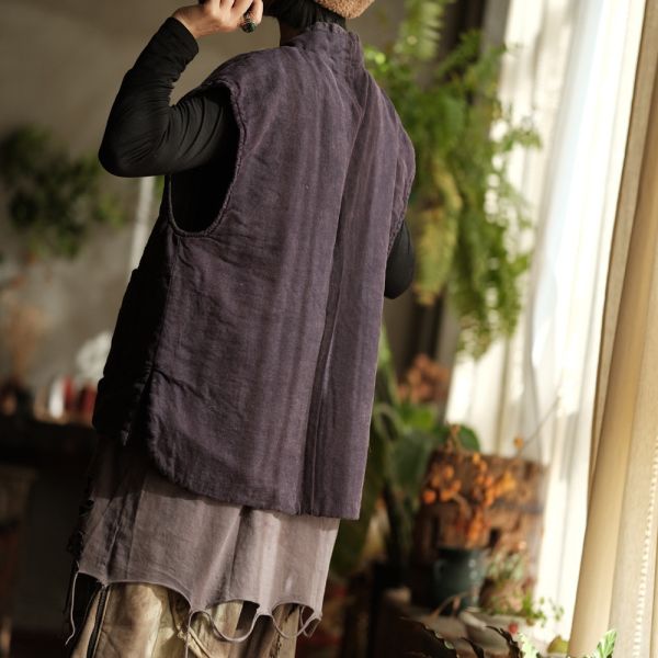 燕燕~棉麻商品~純亞麻。做舊雪花洗撞色領寬鬆夾棉坎肩背心  ab192601 