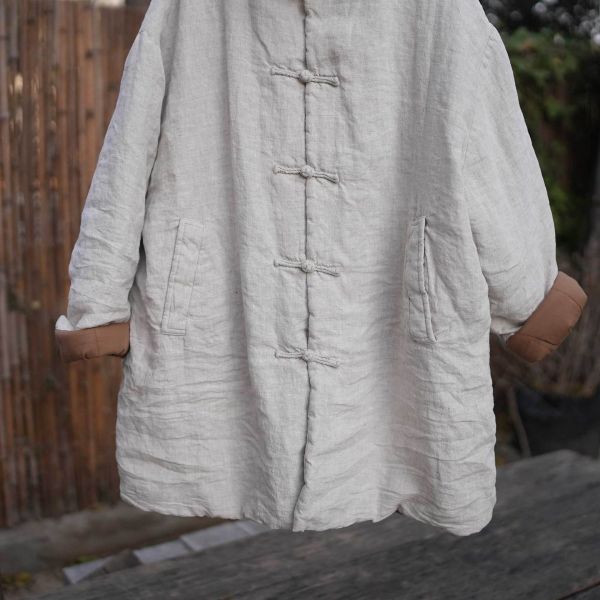 燕燕～堆領保暖 厚棉棉衣砂洗中長亞麻棉服 寬鬆棉衣 厚棉棉衣外套 ab30801 