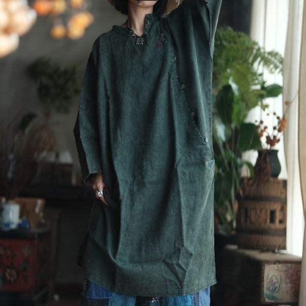 燕燕~水洗麻~撞色手繡寬鬆大袍洋裝 連身裙。ab149101 