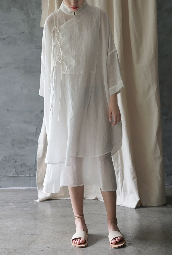 燕燕~棉麻商品~日系森林系  立領繫帶襯衫連身裙  1-19199 