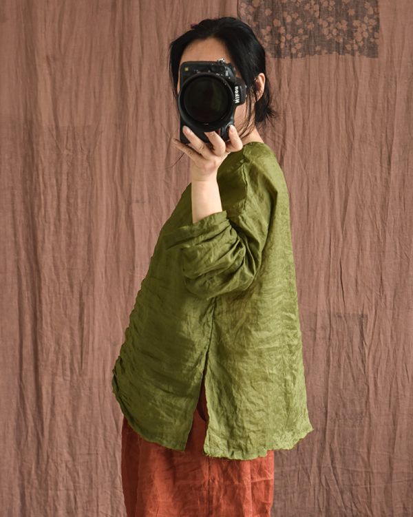 燕燕. 春夏款 輕薄苧麻  圓領毛邊套頭小衫  高開叉寬鬆文藝襯衫上衣 長袖棉麻衫 