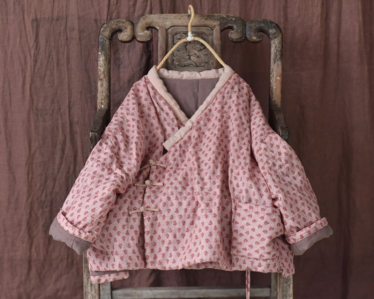 燕燕~棉麻商品~冬款. 亞麻 印花偏襟棉衣傳統手工盤扣夾棉外套 