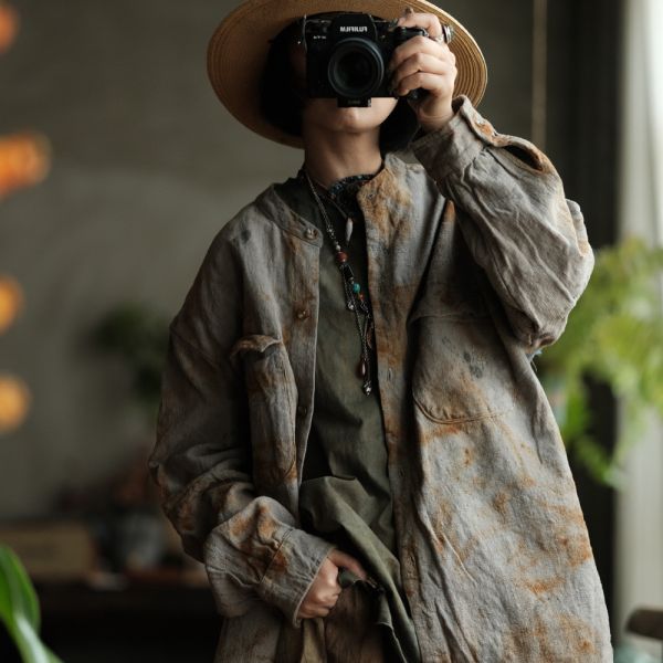 燕燕~亞麻～設計文藝復古做舊寬鬆外套襯衫 (植物染） 