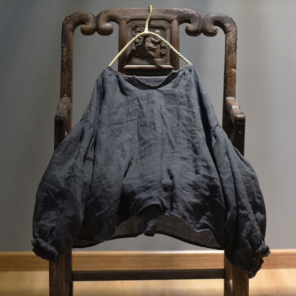 春夏新款 亞麻材質燈籠袖襯衫  木耳邊鬆緊袖上衣 