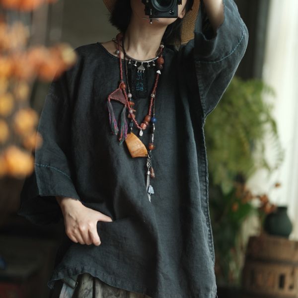 燕燕棉麻～百搭做舊雪花洗棉麻寬鬆文藝小衫 上衣   ab217801 