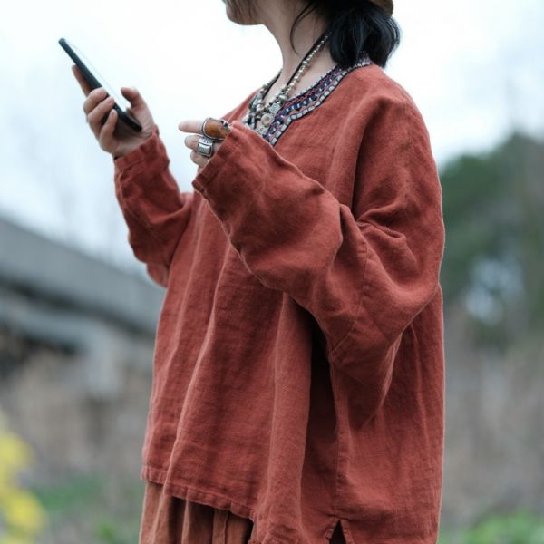 燕燕～春季新款 純亞麻 水洗領口拼接繡花片蝙蝠袖襯衫上衣 長袖棉麻衫 ab202201 