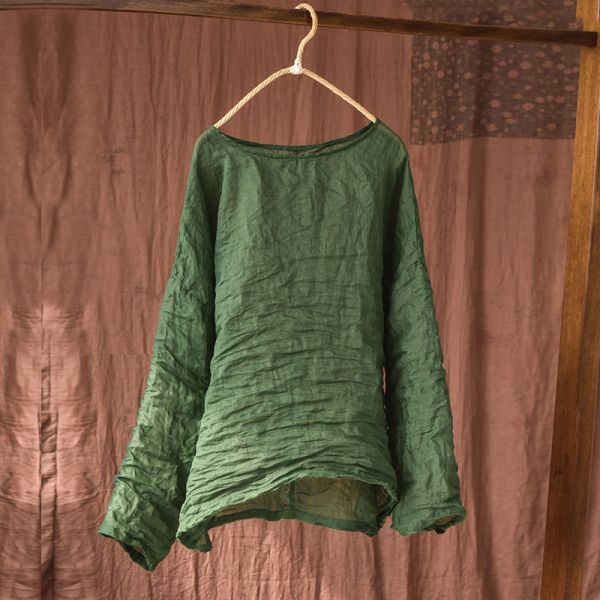 燕燕. 春夏款 輕薄苧麻  圓領毛邊套頭小衫  高開叉寬鬆文藝襯衫上衣 長袖棉麻衫 