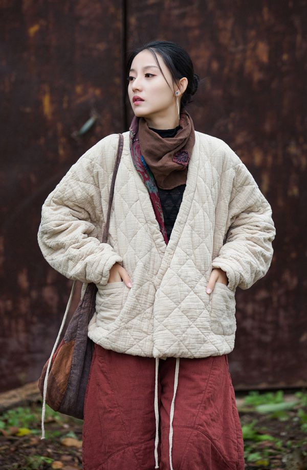 燕燕~秋冬新款  夾棉絎縫保暖棉服文藝隨性禪意風菱格女式短棉衣外套 