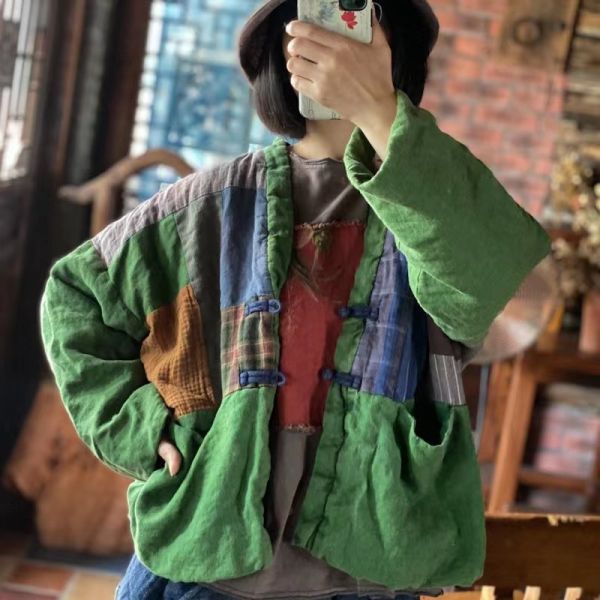 燕燕~秋冬新款 亞麻 做舊雪花洗拼布寬鬆短棉衣上衣。外套。ab178801 
