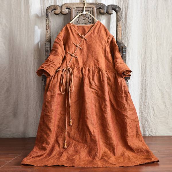 燕燕~棉麻商品~春夏秋新款 色織亞麻V領寬鬆繫帶盤扣洋裝 連身裙 