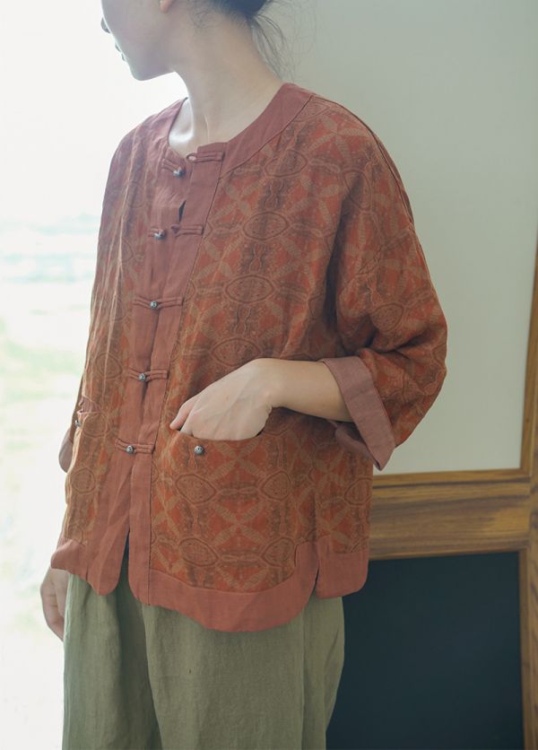 燕燕～早秋款。亞麻 復古數碼印花開衫 休閒對襟小外套 ab2224901 