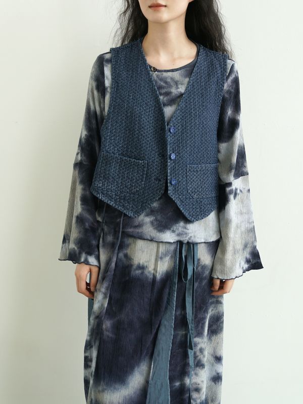 燕燕~秋季華夫格牛仔棉做舊 復古寬鬆混搭背心 ab2519801 