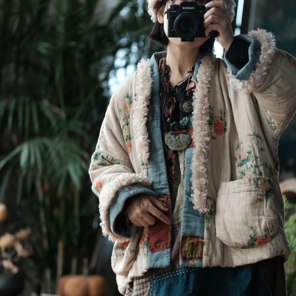 燕燕～復古文藝羊羔絨拼接印花寬鬆棉衣外套 ab226601 