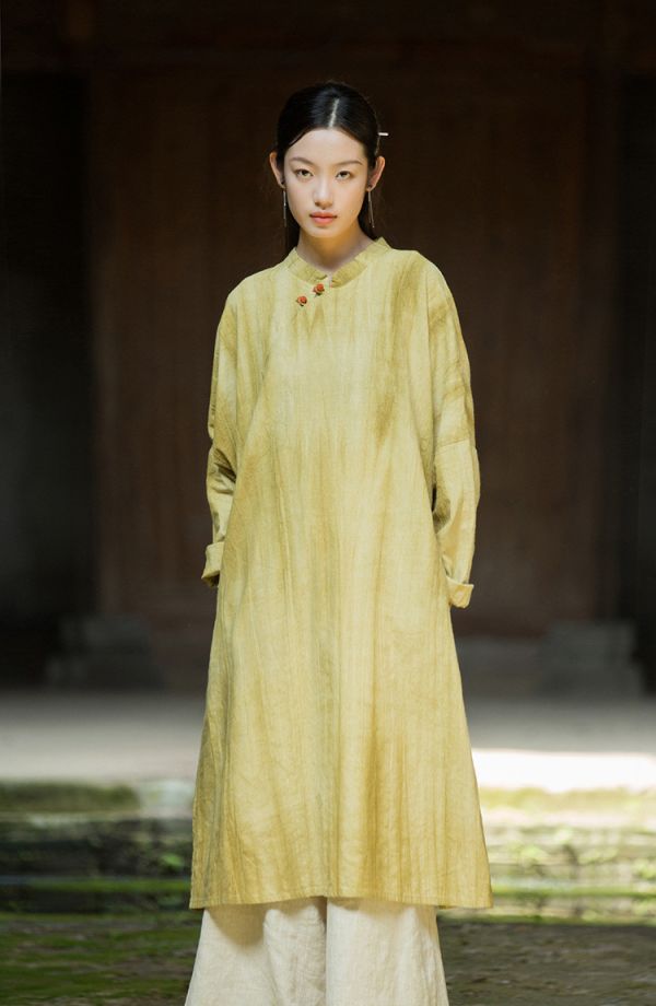 燕燕~棉麻商品~秋冬新款 改良旗袍裙手工紮染寬鬆遮肉茶服中式立領斜襟洋裝 連身裙 