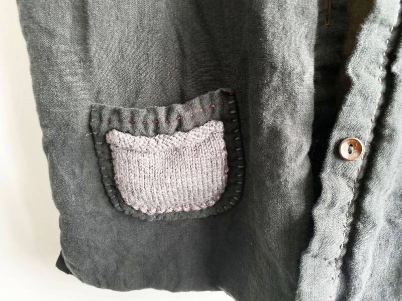 燕燕~亞麻材質 手織棉線口袋中長款開衫  夾棉背心棉麻杉 