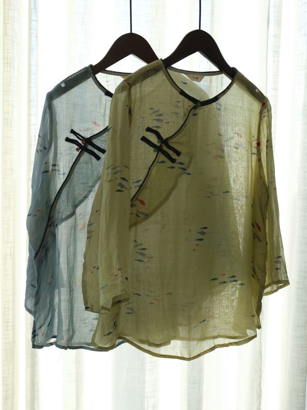 燕燕~中國風禪意數位印花珠扣上衣 文藝復古清涼斜襟襯衫 ab2408801 