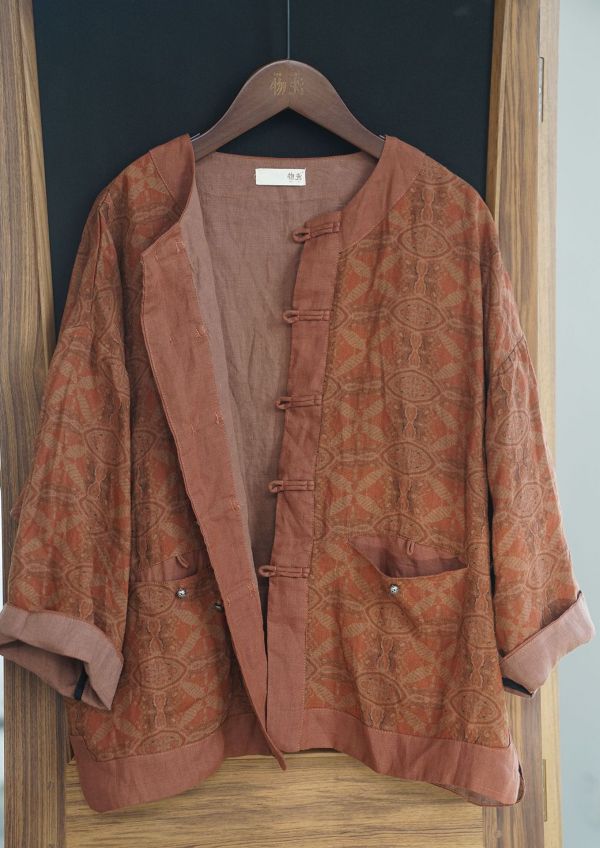 燕燕～早秋款。亞麻 復古數碼印花開衫 休閒對襟小外套 ab2224901 