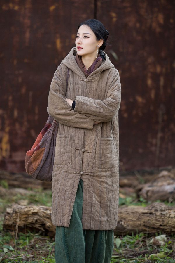 燕燕～苧麻 菱格絎縫棉服加厚保暖長款棉衣外套 