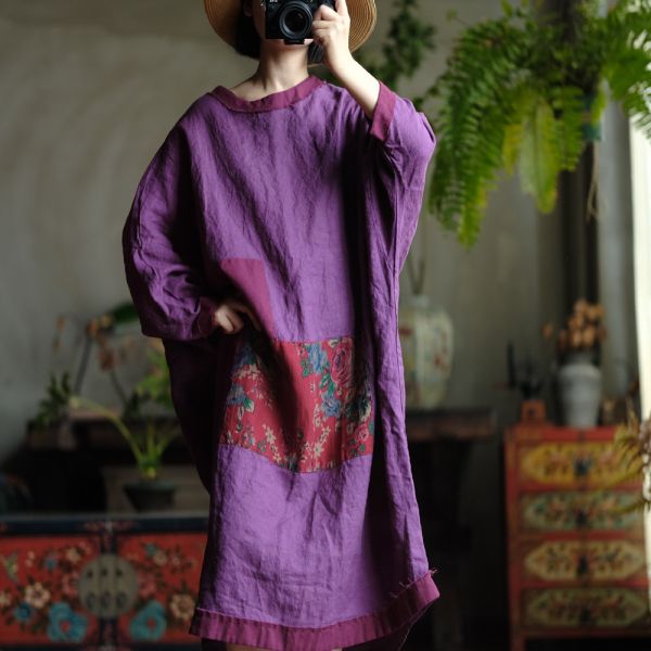 燕燕. 純麻   毛邊撞色大袍洋裝 連身裙。ab143601 