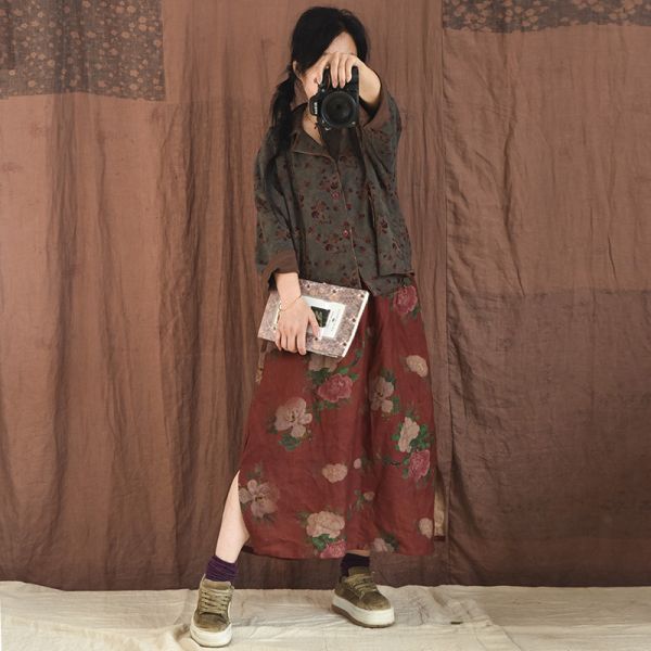 燕燕~春秋新款。亞麻 復古碎花鬆緊腰碎花側開叉長裙 