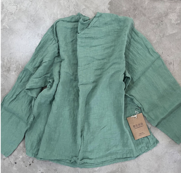 燕燕~夏季新款 文藝復古水洗做舊亞麻 v領套頭落肩小衫 上衣 