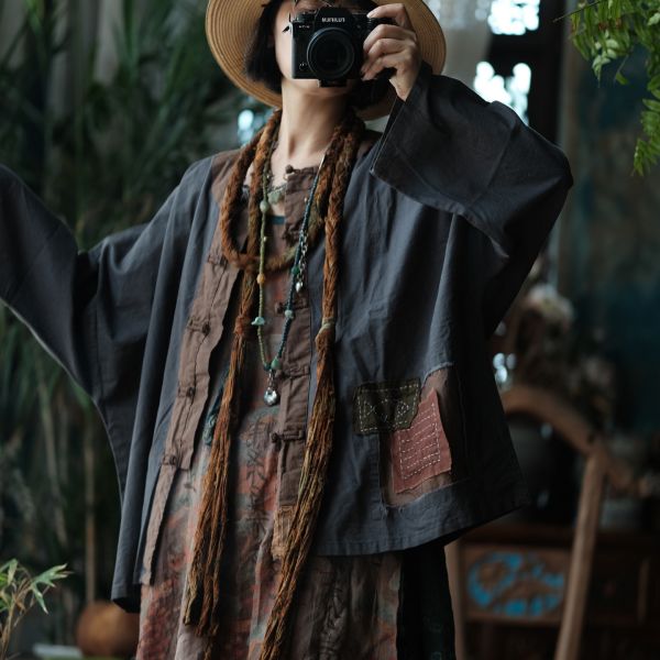 燕燕~亞麻~復古盤扣炒色做舊拼接長袖襯衫 上衣 外套 ab203301 