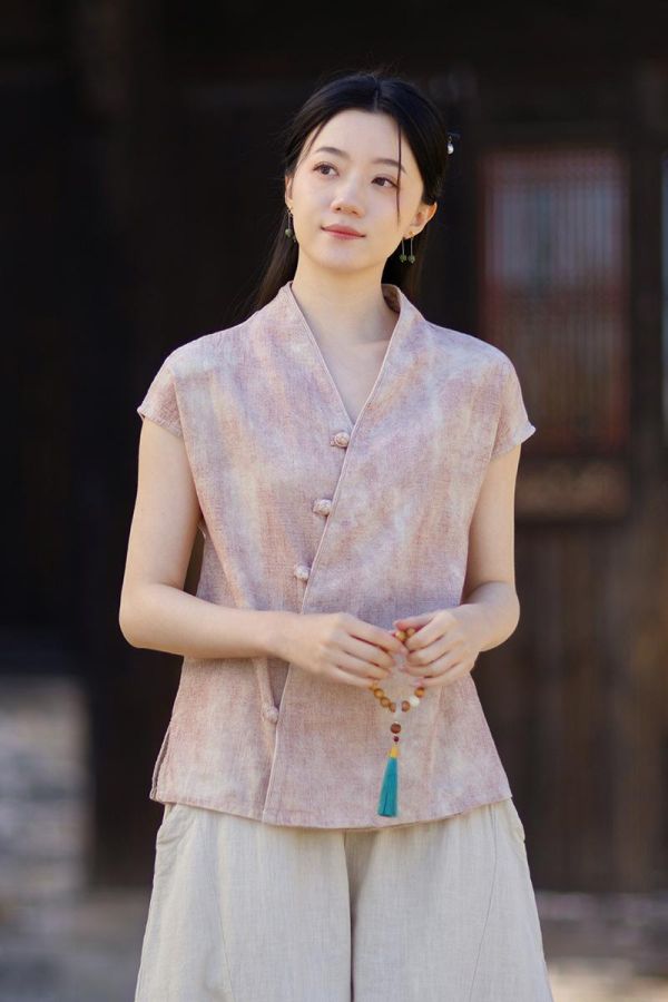 燕燕~夏季新款 苧麻V領無袖襯衫 渲染新中式漢服改良上衣個性百搭開襟衫 