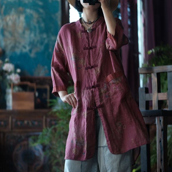 燕燕~春夏款 純苧麻。復古文藝印花寬鬆對襟長上衣襯衫  ab217601 