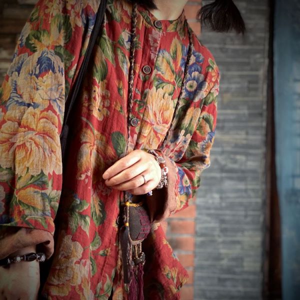 燕燕~棉麻商品~雙層棉紗 復古老花布寬鬆文藝百搭襯衫。ab196201 
