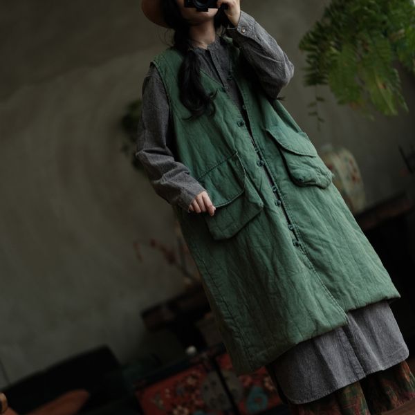 燕燕~棉麻商品~設計復古文藝小眾棉麻寬鬆口袋棉長背心  ab191701 