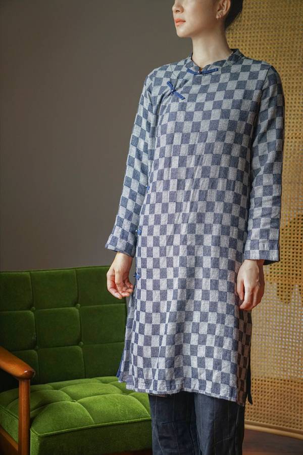 燕燕棉麻～亞麻 立領斜襟格紋長旗袍 顯瘦雙層旗袍 洋裝 連身裙 ab2128501 